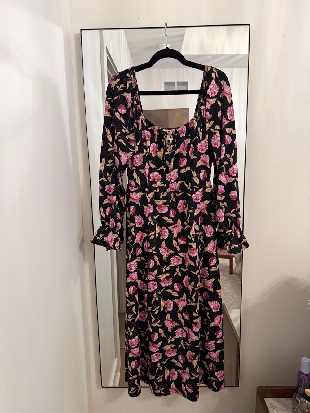Black Floral Long-Sleeve Midi Dress with Pink Bloom